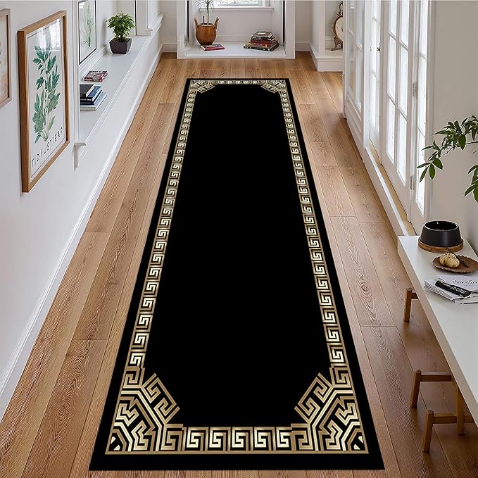 Greek Key Runner Rugs, 2x7ft, Vintage Traditional Tribal Black and Gold Color Stain Resistant Long Rug Runners, Entryways Non Slip Washable Sturdy Room Decor Mat for Kitchen Bedroom