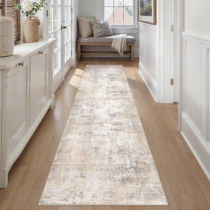 2x10 Washable Runner Rug Beige Grey Abstract Hallway Kitchen Throw Rug Neutral Modern Non Slip Soft Low Pile Carpet for Bathroom Laundry Bedroom Living Room