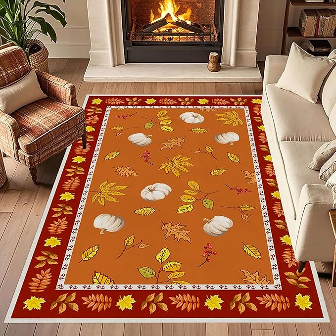 Fallen Leaves Carpet for Kitchen, 5x7ft, Autumn Pumpkins with Leave Orange Area Rug, Indoor Ultra-Thin Foldable Machine Washable Fun Pumpkin Bath Mat for Home Office Relax Room