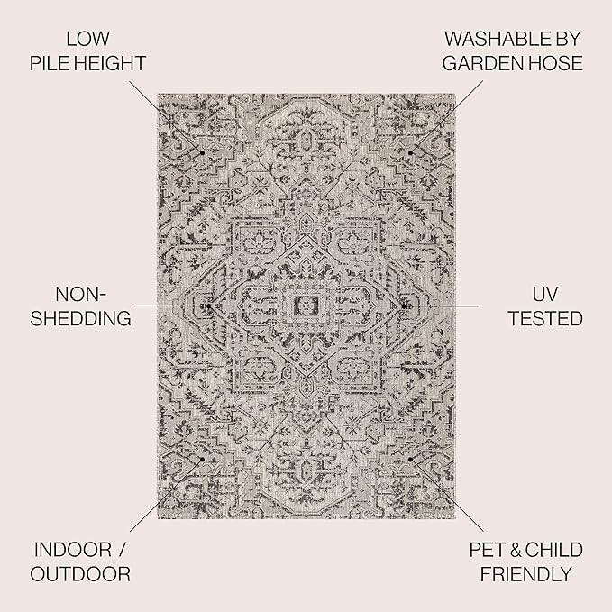 JONATHAN Y Boho Medallion Indoor Outdoor Square Area Rug 5X5 Black/Gray, Estrella Textured Weave for Backyard, Patio, Porch, Easy-Cleaning, High Traffic, Pet-Friendly, Non-Shedding (SMB105D-5SQ)