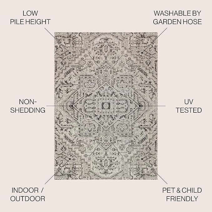 JONATHAN Y Boho Medallion Indoor Outdoor Round Area Rug 8 Ft Black/Gray, Estrella Textured Weave for Backyard, Patio, Porch, Easy-Cleaning, High Traffic, Pet-Friendly, Non-Shedding (SMB105D-8R)