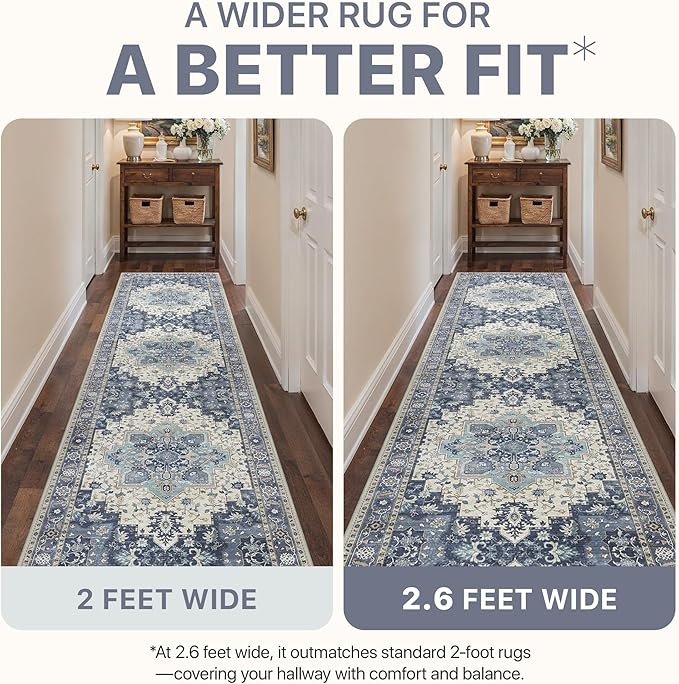 8x10 Area Rugs for Living Room, Machine Washable Non Slip Vintage Rugs, Low Pile Lightweight Print Rug for Bedroom, Dining Room, Home Office,Center Blue