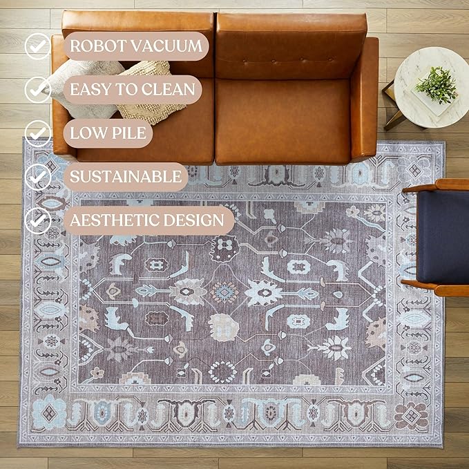 Brown Oushak Rug, Modern, Vintage, Turkish, Eclectic, Floral, Pastel, Washable, Large Area Rugs for Living Room, Dining, Bedroom, Girls, Boys, 7'5"x9'8"