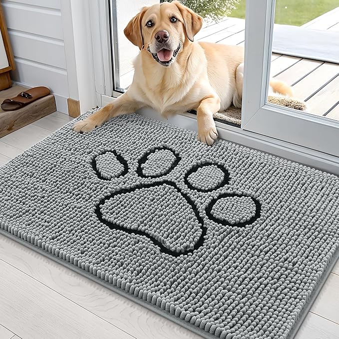 OLANLY Dog Door Mat for Muddy Paws 36x24, Paw Print Design, Absorbs Moisture and Dirt, Absorbent Non-Slip Washable Doormat, Quick Dry Chenille Mud Mat for Dogs, Entry Indoor Entryway Carpet, Grey