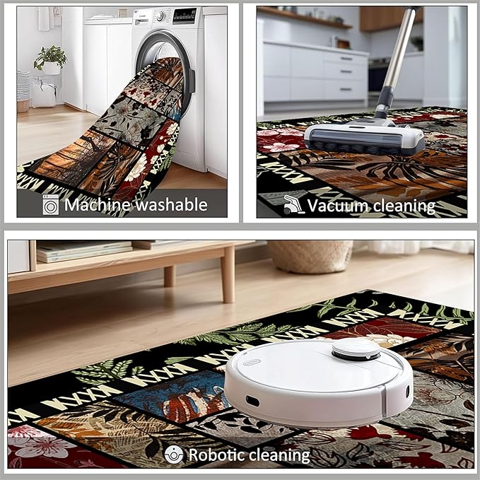 Vintage Jungle Floral Area Rug 3x5ft, Tropical Leaf Print Low Pile Carpet, Washable Non-Slip & Soft Mat for Bedroom, Living Room, Dining Room, Playroom