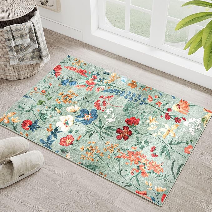Green Area Rug 2x3 Entryway Floral Boho Door Mat Indoor Washable Kitchen Carpet Non Slip Bedroom Lightweight Low Pile Accent Rug for Bathroom Living Room Office Dining Room