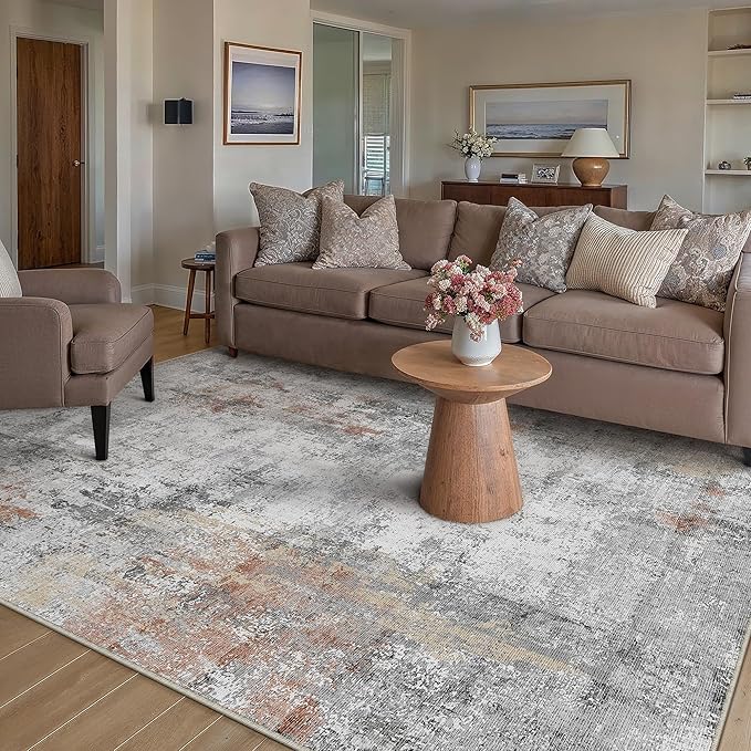 5x7 Washable Area Rug Grey Rust Abstract Living Room Bedroom Carpet Neutral Modern Non-Slip Soft Low Pile Lightweight Vacuumable Throw Rug for Dining Room Entryway
