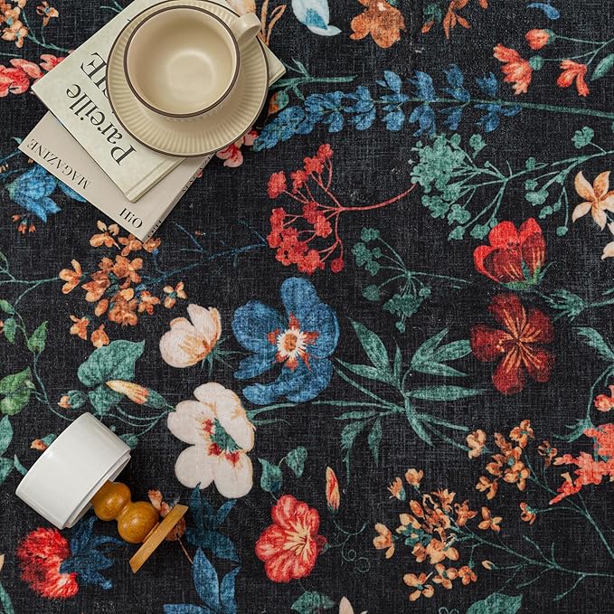 Floral Runner Rug 2x10 Washable Hallway Long Black Bedroom Carpet Non Slip Indoor Boho Kitchen Low Pile Accent Rug Lightweight Soft for Bathroom Dining Laundry Living Room
