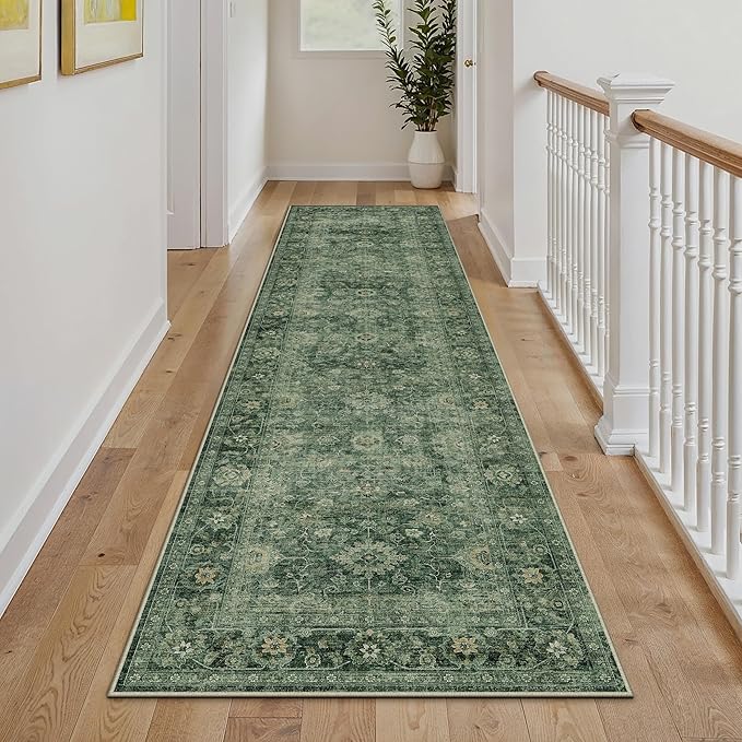 2x8 Washable Runner Rug for Kitchen Hallway Green Vintage Non-Slip Low Pile Distressed Rustic Carpet Lightweight Vacuumable Soft Long Throw Rug for Entryway Bedroom