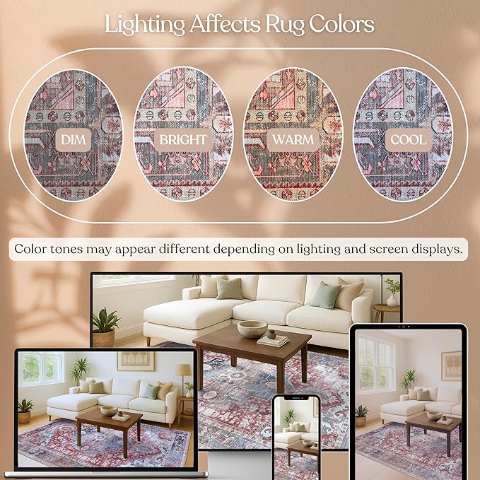 Washable Area Rug. Modern Farmhouse. Vintage. Turkish. Bohemian. Distressed. Oriental. Traditional. Rugs for Living Room. Dining. Bedroom. Office. Entryway. Foyer. (858RM, 7'5" x 9'8")