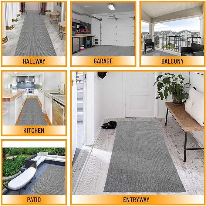 Ottomanson 2'7" x 52' Hallway Runner with Scraper Pile - Extra Durable Non-Slip Rug Mat for Indoor & Outdoor Use - Ideal for Kitchen, Entryway & Garage - High-Traffic Carpet, Gray