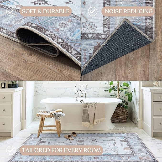 Fame Living Cream Grey Oushak Rug, Modern, Vintage, Turkish, Eclectic, Floral, Pastel, Washable, Area Rugs for Living Room, Dining, Bedroom, Nursery, Girls, Boys, 5'9"x8'9"