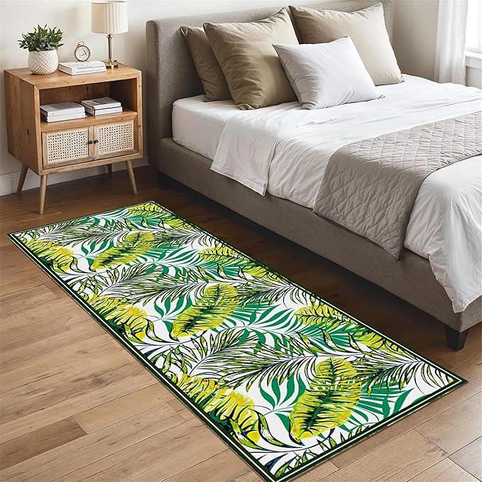 Green Botanical Tropical Leaves Rug 1.3x7ft - Non-Slip Washable Runner, Soft Durable Floor Mat for Hallway, Kitchen, Bedside, Entryway Home Decor