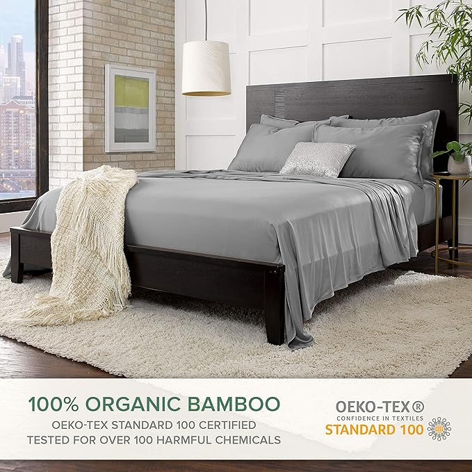 Pure Bamboo Split King Sheets, Genuine 100% Organic Viscose Derived from Bamboo Bed Sheet Set, Soft & Cooling, Double Stitching, 2 Fitted Sheets (Split King, Stone Grey)