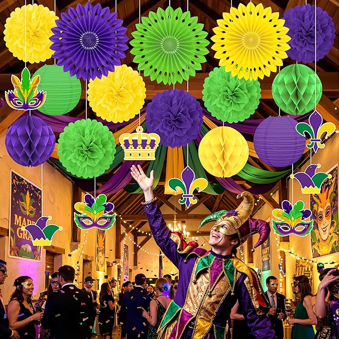 22pcs Mardi Gras Party Decorations – Purple Gold Green Paper Fans, Honeycomb Hangings for Carnival, Centerpieces, Birthday Supplies