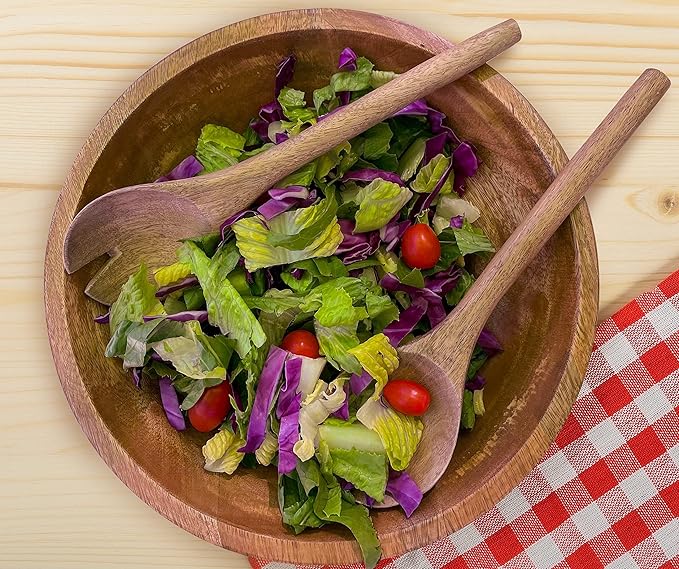 Large Wooden Salad Bowl 11.5 Inches with Serving Utensils, Wooden Fruit Bowl, Mango Wood Bowl Set for Serving, Large Wood Salad Bowl for Family Meals, Pasta, Popcorn, Handcrafted Wooden Serving Bowl
