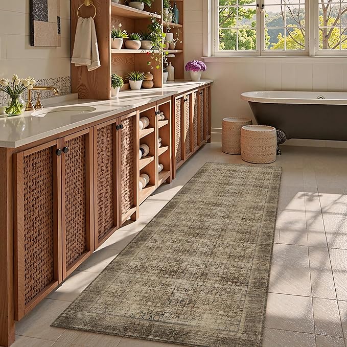 Washable Area Rug 2'6'' x 8' Vintage Traditional Persian Mat - Foldable Distressed Non-Slip Machine Washable Carpet for Living Room Bedroom Kitchen Home Decor - Mocha and Taupe