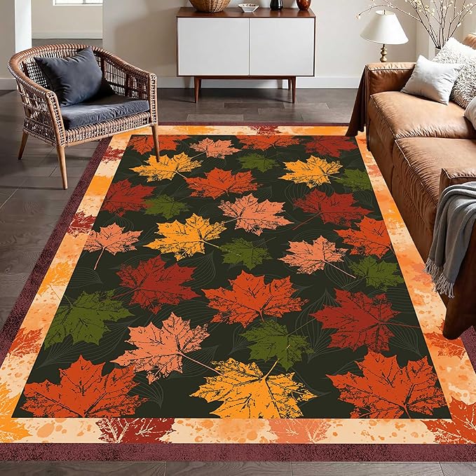 Fall Themed Area Carpet, 4x5ft, Autumn Fallen Leaves Print Pattern Retro Rustic Style Dark Stain Resistant Throw Rug, Low-Profile Non Slip Breathable Floor Mat for Dining Room Laundry