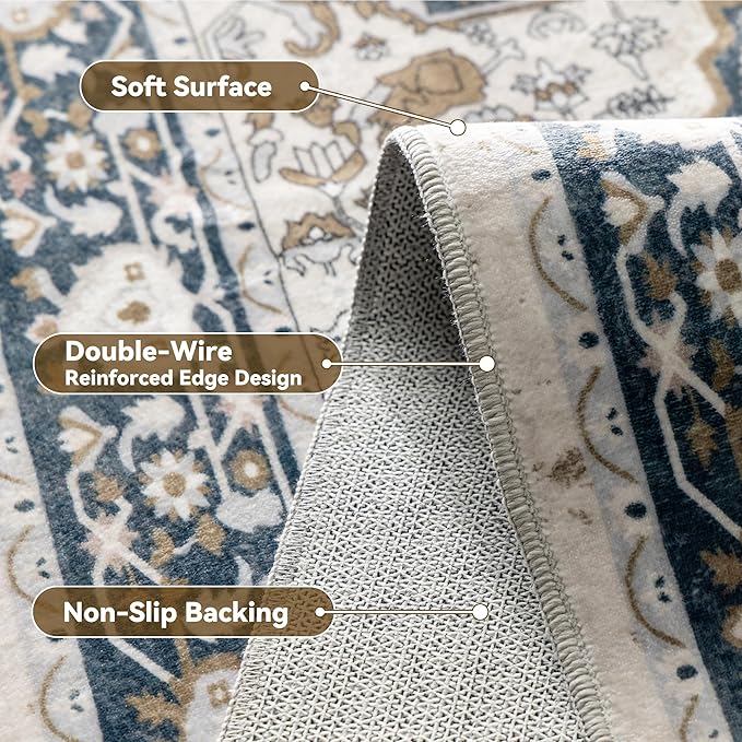 EnHomee 5x7 Area Rugs Washable for Bedroom, Boho Vintage Rugs, Foldable Area Rug for Dining Room, Non-Slip Soft Living Room Rug, Low Pile Large Carpet for Bathroom, Blue and Brown