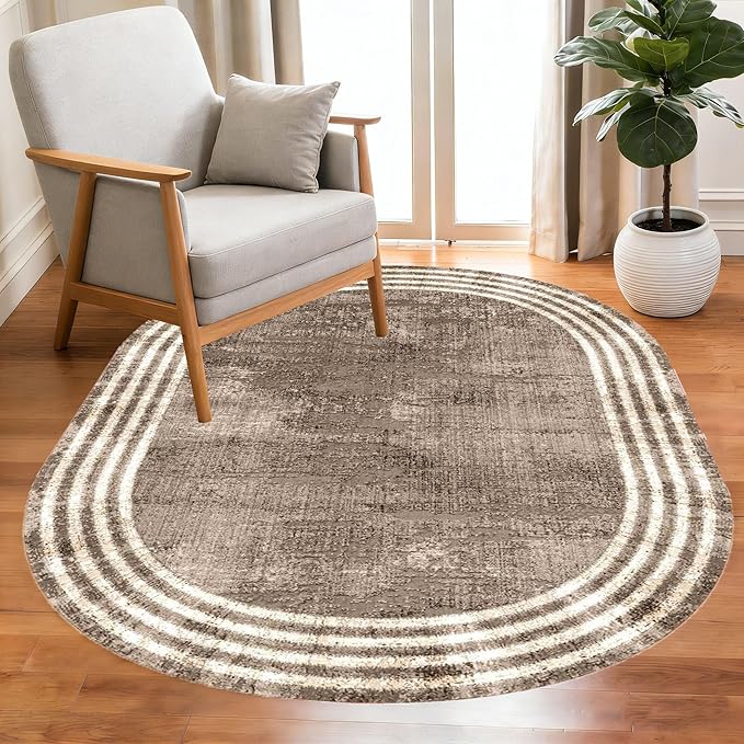 Country Earth Tone Brown Minimalist Distressed Home Office Rugs 6x8 for Living Room Bedroom Diningrooom Machine Washable Soft Thick Area Rug Nursery Dorm Kitchen Oval Geometric Bordered Large Carpet