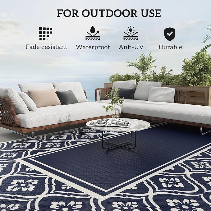 Outsunny Outdoor Rug for Patio, 9' x 18' Waterproof Large Mat, Reversible Plastic Straw Rug for Decor, Portable Outside RV Camping Area Carpet Mat for Backyard Porch Deck Picnic, Blue & White Gourd