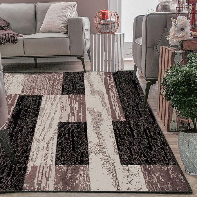 SUPERIOR Indoor Area Rug, Jute Backed, Modern Geometric Patchwork Floor Decor for Bedroom, Office, Living Room, Entryway, Hardwood Floors, Rockwood Collection, 4' x 6', Chocolate