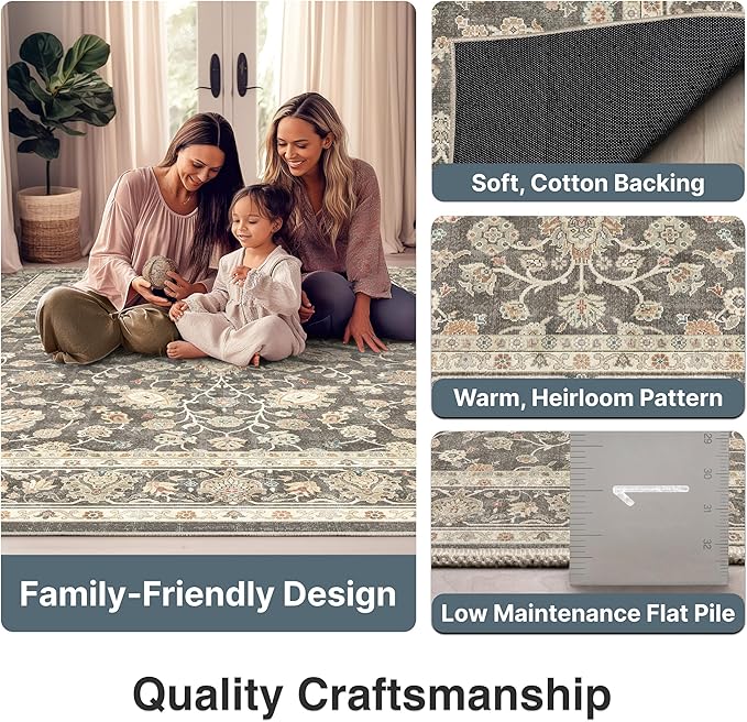 Well Woven Asha Rome Charcoal Brown 6' x 9' Area Rug - Oriental Floral Pattern, Easy Clean, Floor-Friendly Backing - for Living Room, Bedroom, and Dining Room