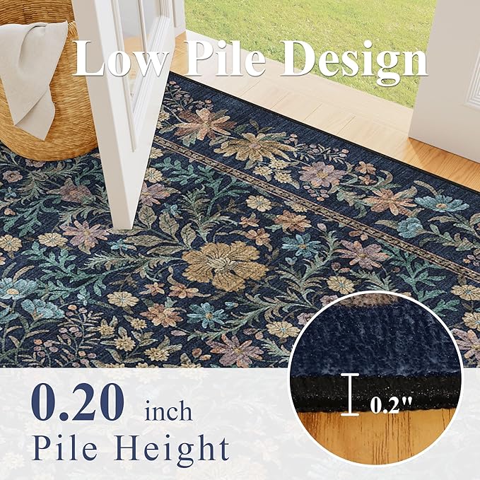 DOKINO 2x10 Runner Rug for Hallway, Vintage Washable Long Kitchen Rug with Low Pile Design, Floral Non Slip Soft Carpet Runner for Hallway, Kitchen, Bathroom, Bedroom, Dark Blue