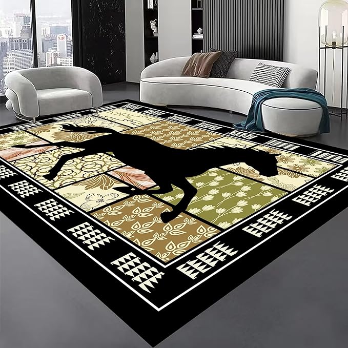 Western Horse Print Rugs 7x9ft,Boho Floral Area Rug, Botanical Print Low Pile Carpet, Stain-Resistant & Machine Washable Non-Slip Mat for Living Room, Bedroom, Dining Room