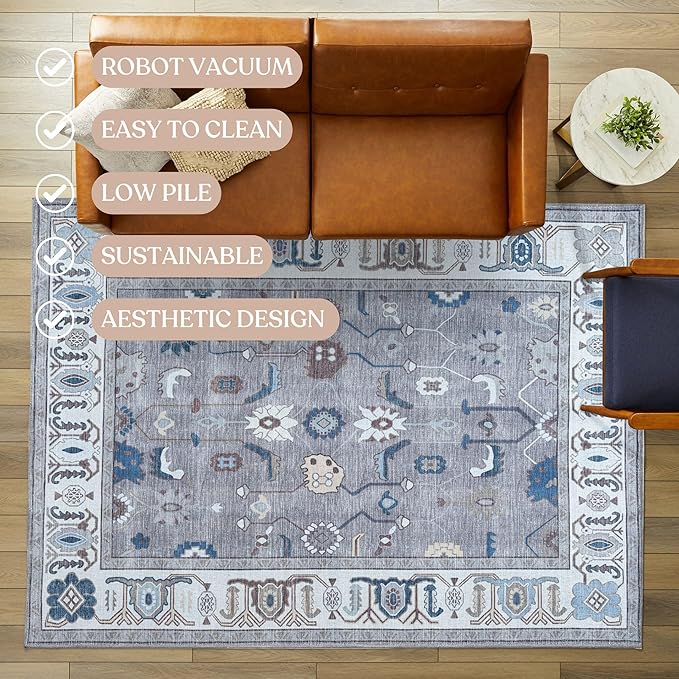 Fame Living Grey Oushak Rug, Modern Rugs, Vintage, Turkish, Eclectic, Floral, Pastel, Washable, Small Throw, Accent Area Rug for Living Room, Bedroom, Kitchen, Bathroom, 2'5"x4'9
