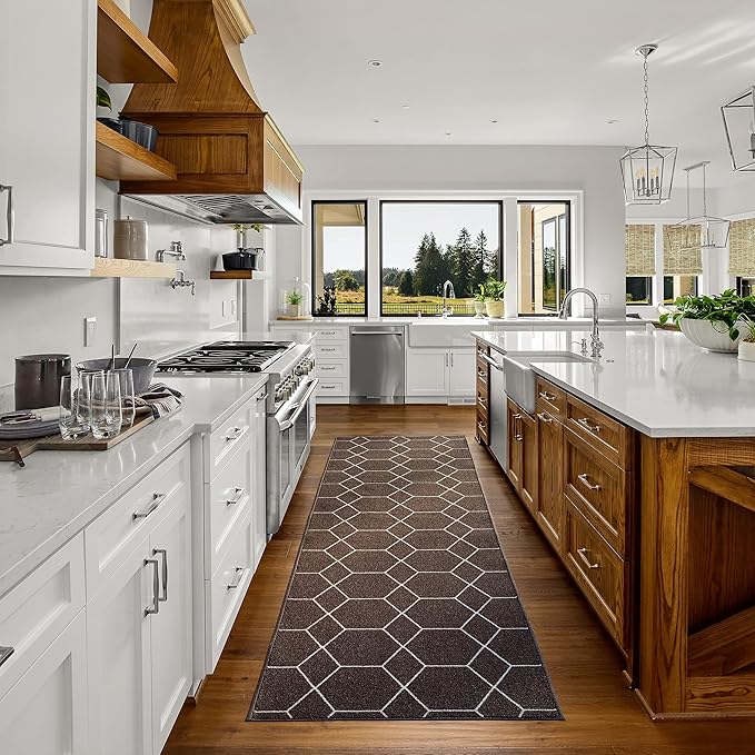 Custom Made Runner Rug for Kitchen Foyer Hallway Entry Choose Your Length Size 26 Inch Wide Geometric Lattice Design Brown Color (2 feet x 26 inch)