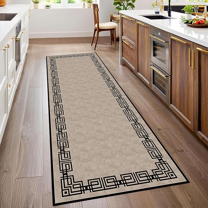 Vintage Tribal Hallway Rugs, 2x10ft, Southwest Brown Rustic Native Ethnic Greek Key Pattern Carpet Runners, Ultra-Thin Foldable Low Pile Distressed Rug for Dining Room Lounge