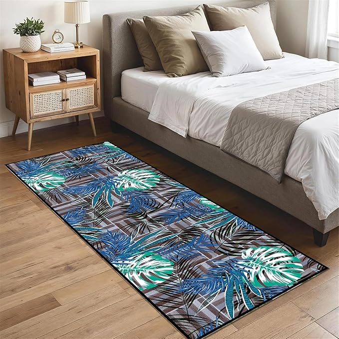 3.3x10 ft Runner Rug Tropical Blue - Non-Slip Low-Pile & Washable for Hallway, Living Room, Bedroom - Botanical Leaf Print Plush Soft - No Linting Easy Clean Indoor Carpet