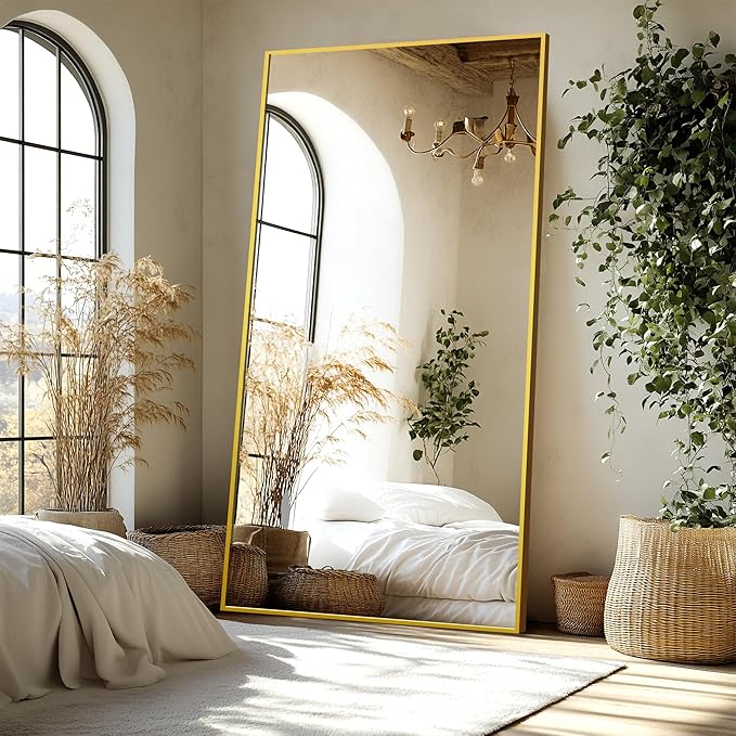 Delma Full Length Standing Mirror,Large Floor Mirror with Aluminum Frame for Bedroom, Bathroom, Living Room,Wall Mount or Freestanding Design(with Stand,Rect 75x35-Gold)