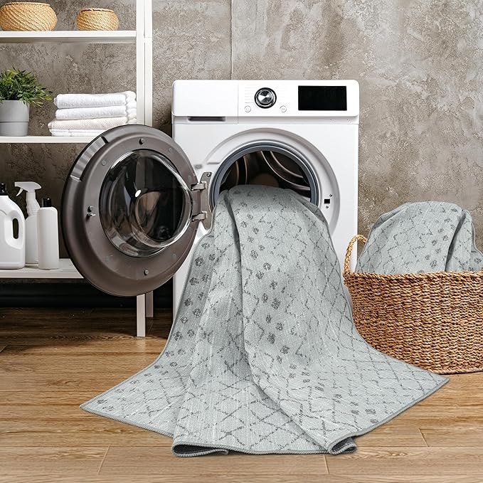GLN Rugs Contemporary Collection - Machine Washable Area Rug, Contemporary Washable, Non Slip, Low Pile Chenille Rug, Living Room, Bedroom, Kitchen Rug (2'6" x 7' Gray 0166)