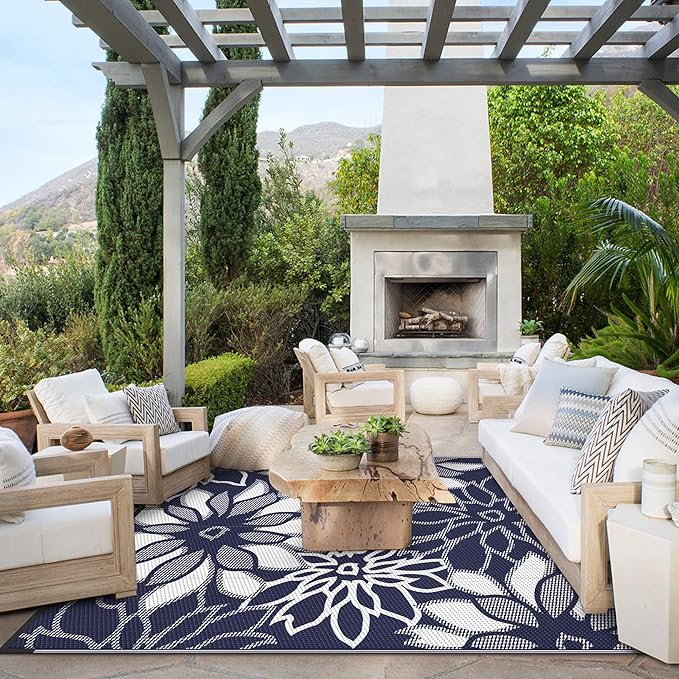 GENIMO Outdoor Rug Waterproof for Patio Decor, 6' x 9' Reversible Plastic Straw Floral Camping Carpet, Large Area Rugs Mats for RV, Camper, Deck, Balcony, Porch, Beach, Picnic, Blue & White