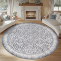 jinchan Round Rug 7ft Washable Circle Soft Rug - Low Pile Vintage 7'Round Indoor Grey Floral Print Stain Resistant Boho Carpet Ultra-Thin Non-Slip for Living Room Bedroom Dining Room Kitchen
