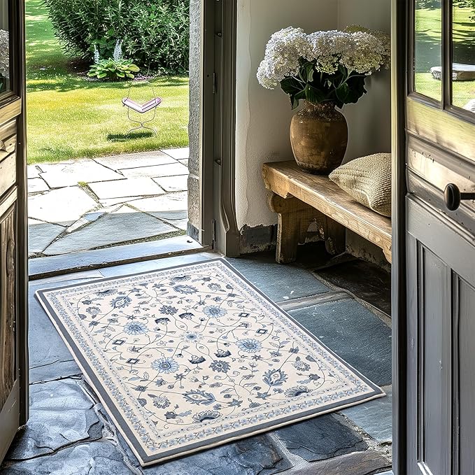 EVERGRACE Area Rugs for Entryway 2x3, Boho Floral Faux Wool Indoor Outdoor Small Rugs, Washable Rugs for Bedroom Bathroom Laundry Doormat, Low Pile Floor Mat Carpet for Home Decor, Porcelain Blue