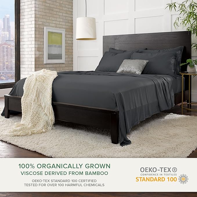 Pure Bamboo Twin Sheets, Genuine 100% Organic Viscose Derived from Bamboo Bed Sheet Set, Luxuriously Soft & Cooling, Double Stitching, 2 Year Quality Promise (Twin, Charcoal)