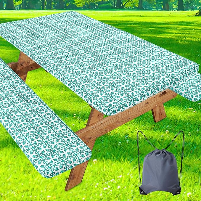 misaya Picnic Table Cover with Bench Cover, Waterproof Elastic Fitted Tablecloth for 8 Foot Tables, Rectangle Washable Polyester Tablecloths for Picnic, Camping, Outdoor (Teal, 30" x 96")