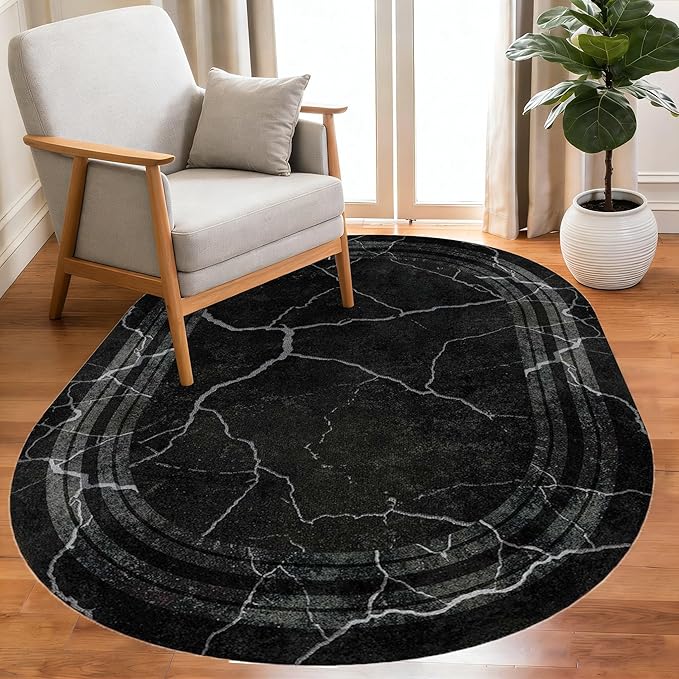 Black Grey Striped Texture Bordered Rugs 6x8 Modern Minimalist Indoor Large Area Rug for Living Room Bedroom Dining Room Soft Faux Wool Non Slip Floor Mats Entrance Bathroom Home Office Oval Carpet