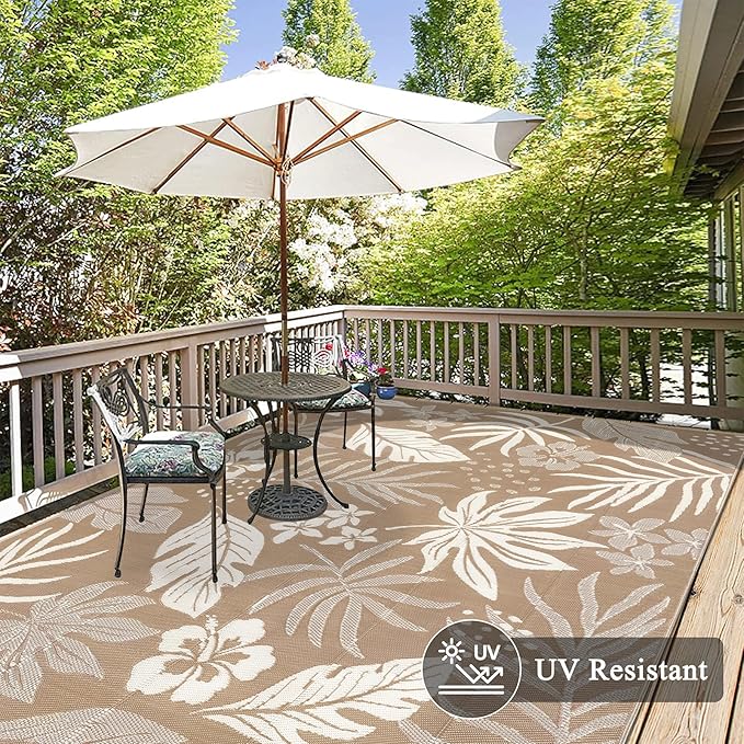 Pauwer Waterproof Outdoor Rug 8x10, Reversible Plastic Straw Patio Camping Rug, Indoor Outdoor RV Mat Carpet for Deck, Camper, Porch, Balcony, Backyard, Picnic, Floral Brown