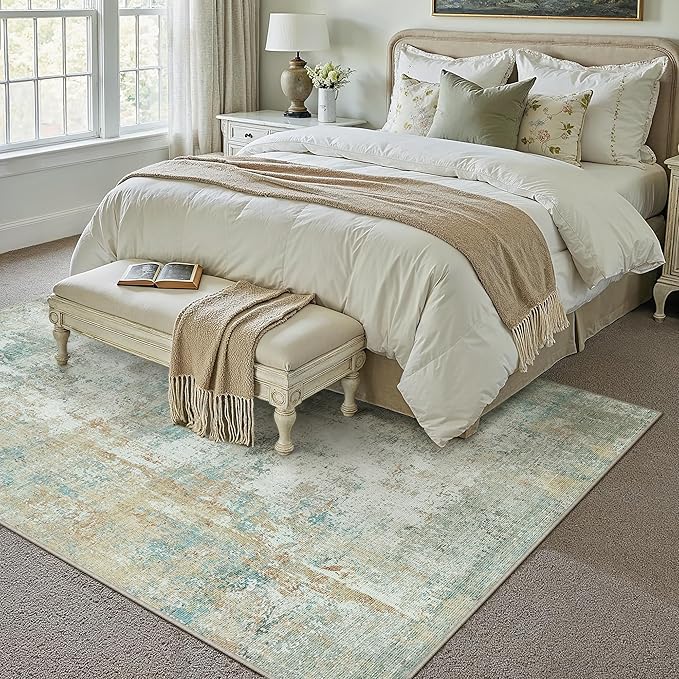 8x10 Washable Area Rug Teal Beige Abstract Living Room Bedroom Carpet Neutral Modern Non-Slip Soft Low Pile Lightweight Vacuumable Large Throw Rug for Dining Room
