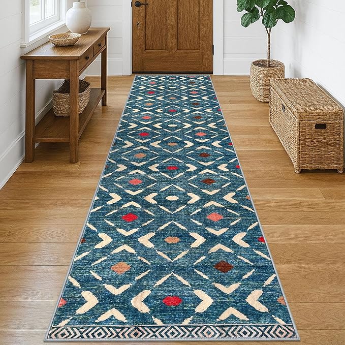 KILOCOCO Hallway Runner Rug 3x10 Runners for Hallways Washable Runner Soft Non Slip Printed Geometric Rubber Backed Low-Pile Rug Runners for Bedroom Kitchen Living Room Boho Rugs, Teal/Blue