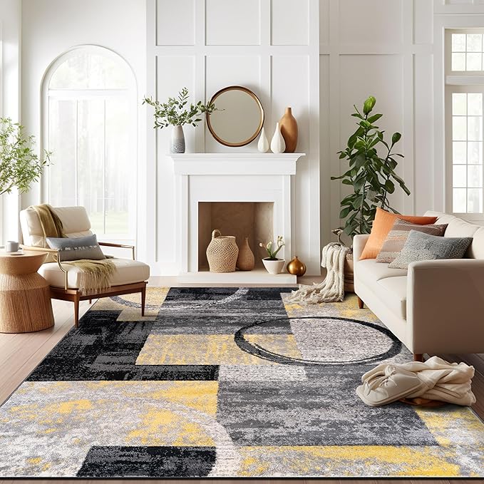 Rugshop Contemporary Circle Design Area Rug, Fade-Resistant Carpet for Bedroom, Dining Room, or Home Office, Yellow, 6'6" x 9'