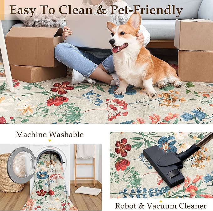 Floral Runner Rug 2x8 Washable Hallway Long Beige Bedroom Carpet Non Slip Indoor Boho Kitchen Low Pile Accent Rug Lightweight Soft for Bathroom Dining Laundry Living Room