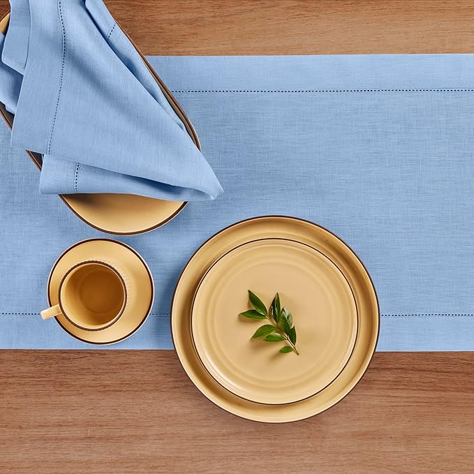 Solino Home Linen Cornflower Blue Table Runner 108 Inches Long - 100% Pure Linen Hemstitch 14 x 108 Inch Table Runner for Dining, Christmas, Holiday, New Year - Classic Hemstitch