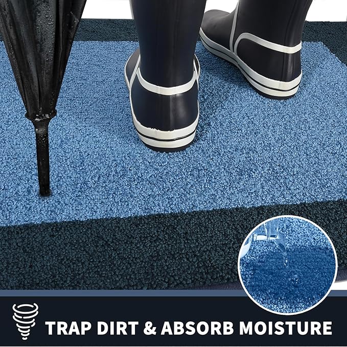 PURRUGS Dirt Trapping Door Mat 24" x 36", Non-Slip/Skid Machine Washable Entryway Rug, Shoes Scraper, Throw Rug, Super Absorbent Area Rug for Muddy Wet Shoes and Paws, Light Blue & Navy