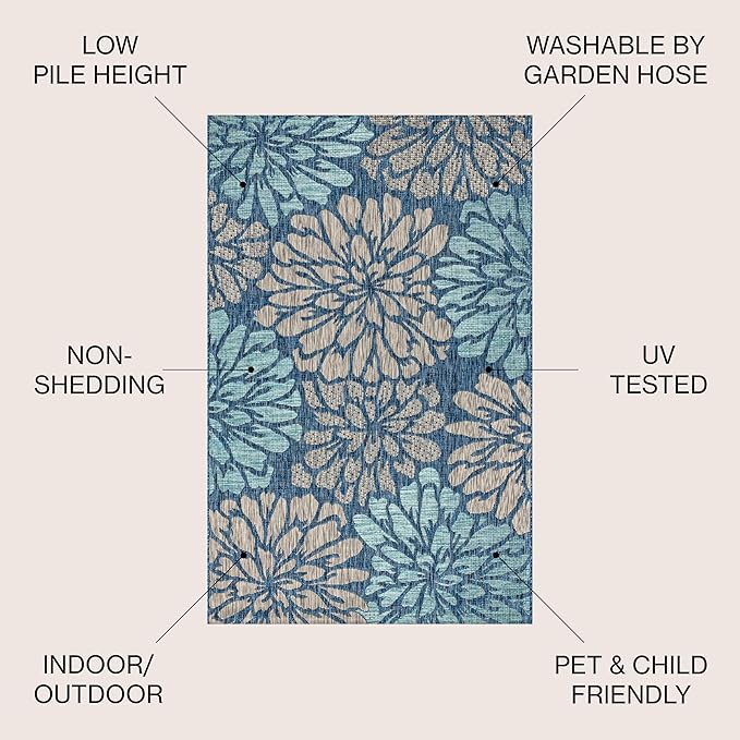 JONATHAN Y Floral Textured Weave Indoor Outdoor Square Area Rug 3X3 Navy/Aqua, Zinnia Modern for Backyard, Patio, Porch, Easy-Cleaning, High Traffic, Pet-Friendly, Non-Shedding (SMB110C-3SQ)