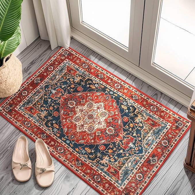 YJ.GWL Area Rug 2x3 Floral Vintage Rugs, Indoor Entrance Door Mat Small Washable Rugs, Non Slip Carpet for Living Room Entryway Kitchen, Orange-Red